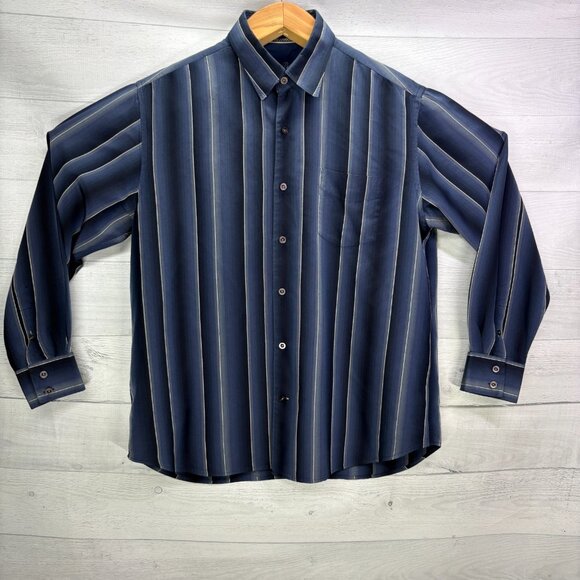 Tommy Bahama Mens Large 100% Silk Shirt Blue Black Stripe Washable Button Down - Picture 2 of 13